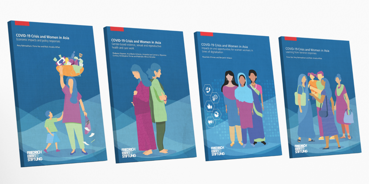 Covers of 4 publications in FES paper series "COVID-19 crisis and women in Asia".