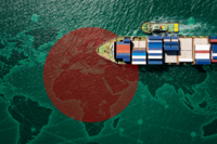 Cargo ship loaded with colorful containers sailing across a world map overlaid on the ocean, with a large red circle of Bangladesh flag, symbolizing global trade routes and geopolitical focus.