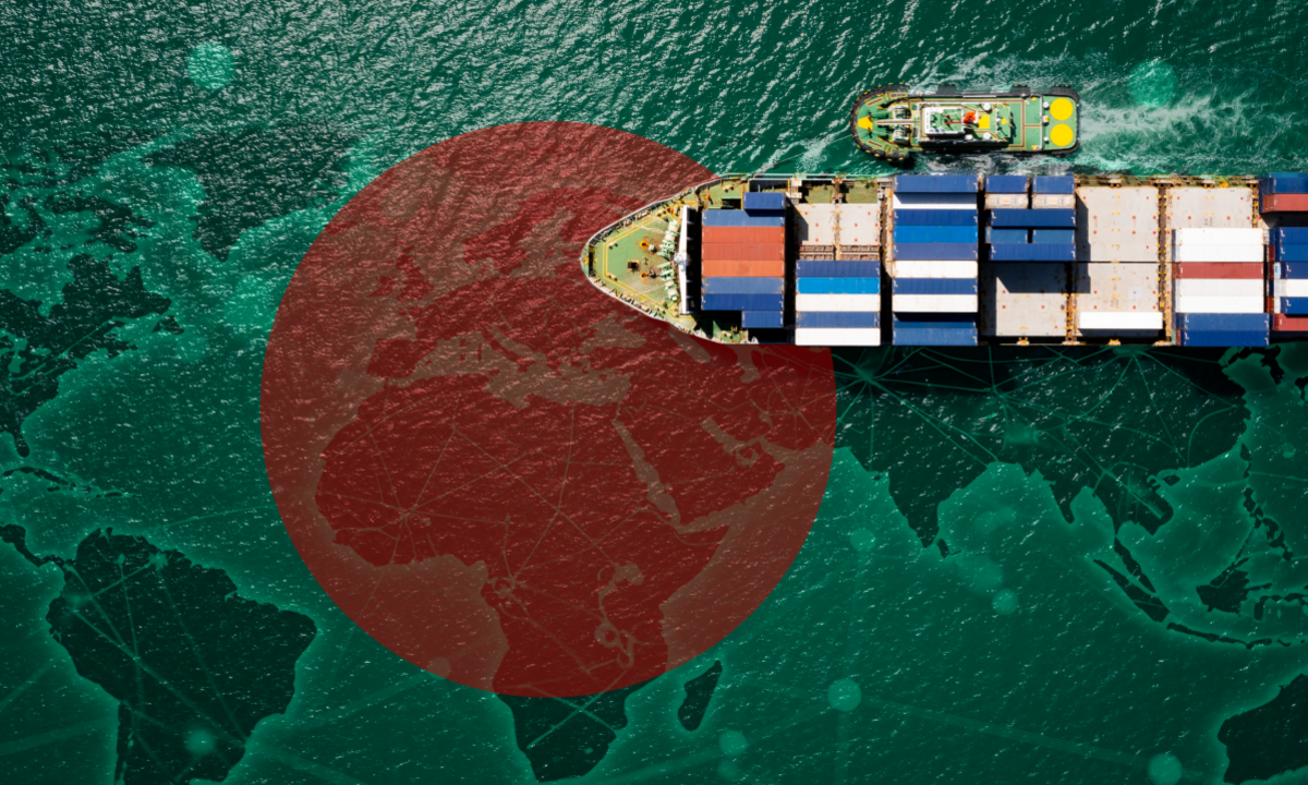 Cargo ship loaded with colorful containers sailing across a world map overlaid on the ocean, with a large red circle of Bangladesh flag, symbolizing global trade routes and geopolitical focus.