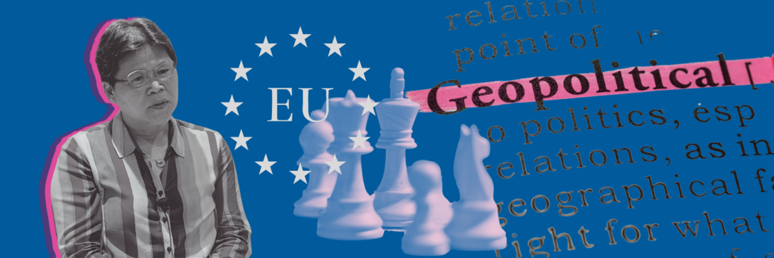 Cover image of article by Dr Yeo Lay Hwee showing a collage with a photo of her, chess pieces, flags of China, symbol of the EU and a dictionary article of geopolitics