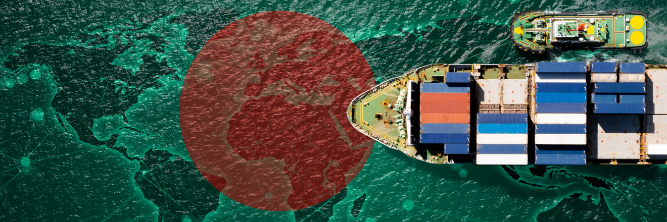 Cargo ship loaded with colorful containers sailing across a world map overlaid on the ocean, with a large red circle of Bangladesh flag, symbolizing global trade routes and geopolitical focus.