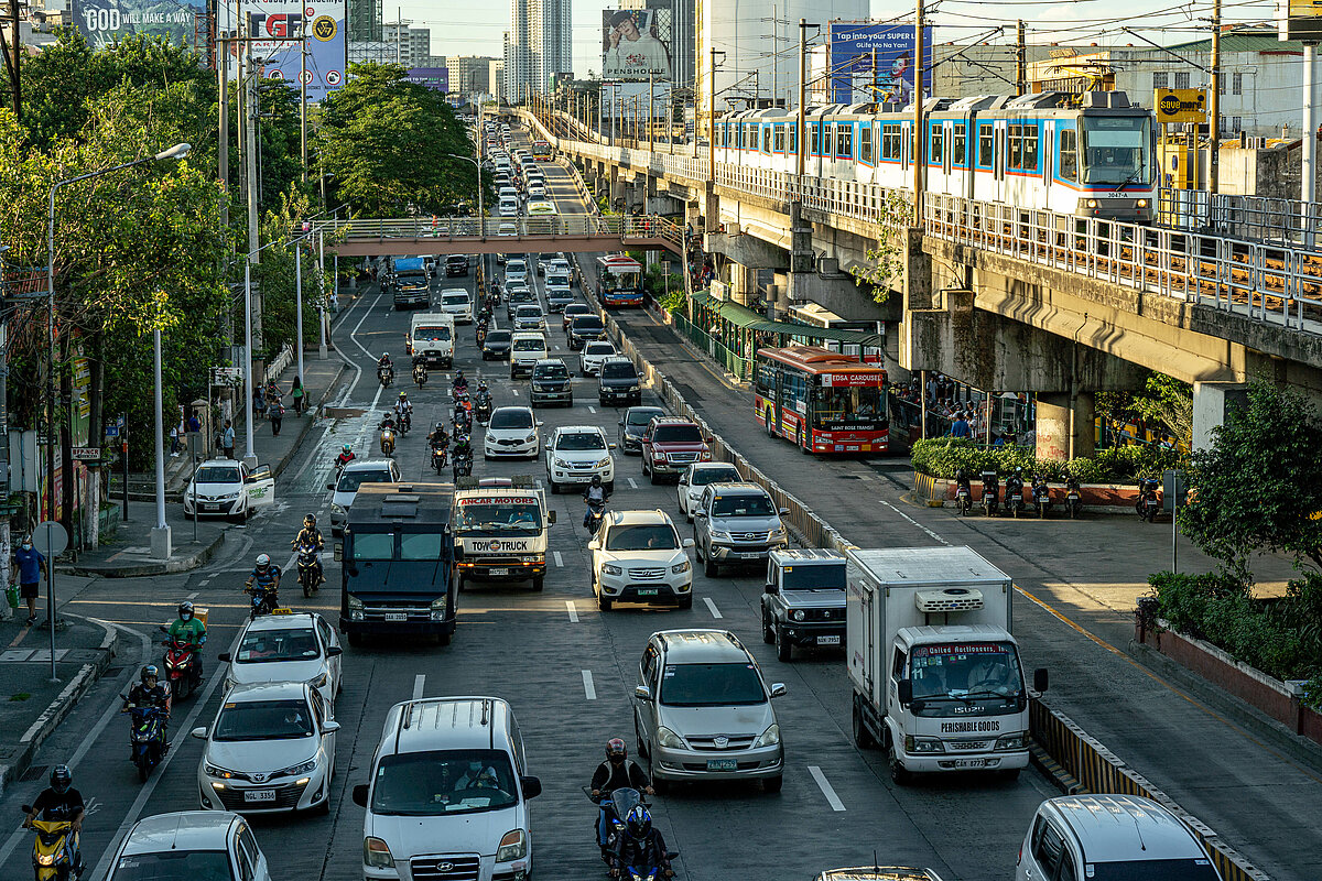 Morning traffic along EDSA, Quezon City, Philippines