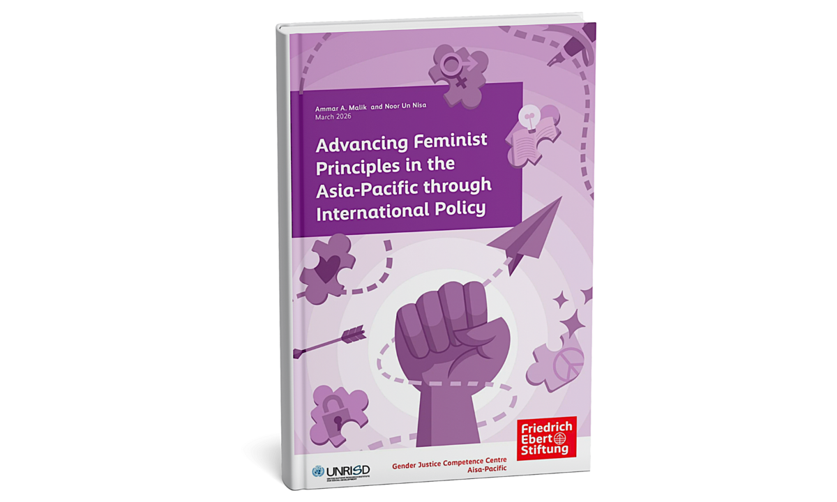 A purple-toned book titled “Advancing Feminist Principles in the Asia-Pacific through International Policy” stands upright against a bold background of radiating purple and yellow stripes. The cover features a raised fist symbol, along with icons like a gender symbol, paper plane, puzzle pieces, and arrows, suggesting themes of activism, ideas, and policy pathways. Logos of UNRISD and Friedrich Ebert Stiftung appear at the bottom.
