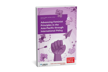 A purple-toned book titled “Advancing Feminist Principles in the Asia-Pacific through International Policy” stands upright against a bold background of radiating purple and yellow stripes. The cover features a raised fist symbol, along with icons like a gender symbol, paper plane, puzzle pieces, and arrows, suggesting themes of activism, ideas, and policy pathways. Logos of UNRISD and Friedrich Ebert Stiftung appear at the bottom.