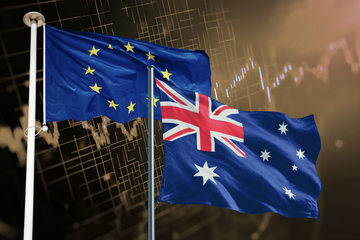 Two flags, the European Union and Australia, flying side by side against a background of financial charts and digital grid lines, symbolizing economic cooperation and trade relations.