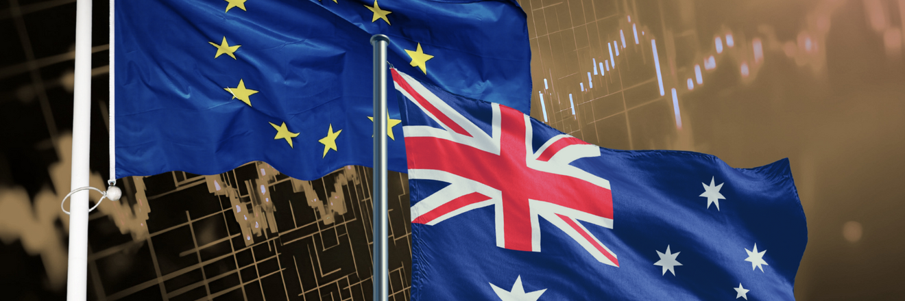 Two flags, the European Union and Australia, flying side by side against a background of financial charts and digital grid lines, symbolizing economic cooperation and trade relations.
