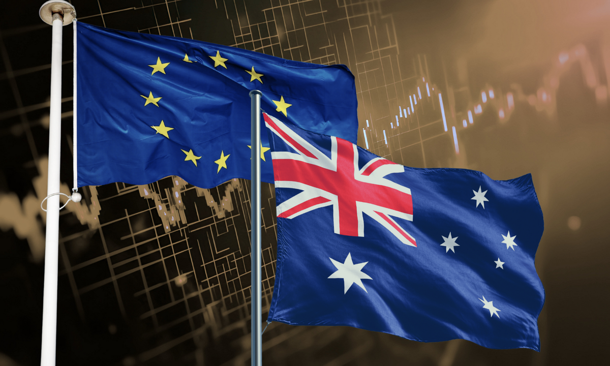 Two flags, the European Union and Australia, flying side by side against a background of financial charts and digital grid lines, symbolizing economic cooperation and trade relations.