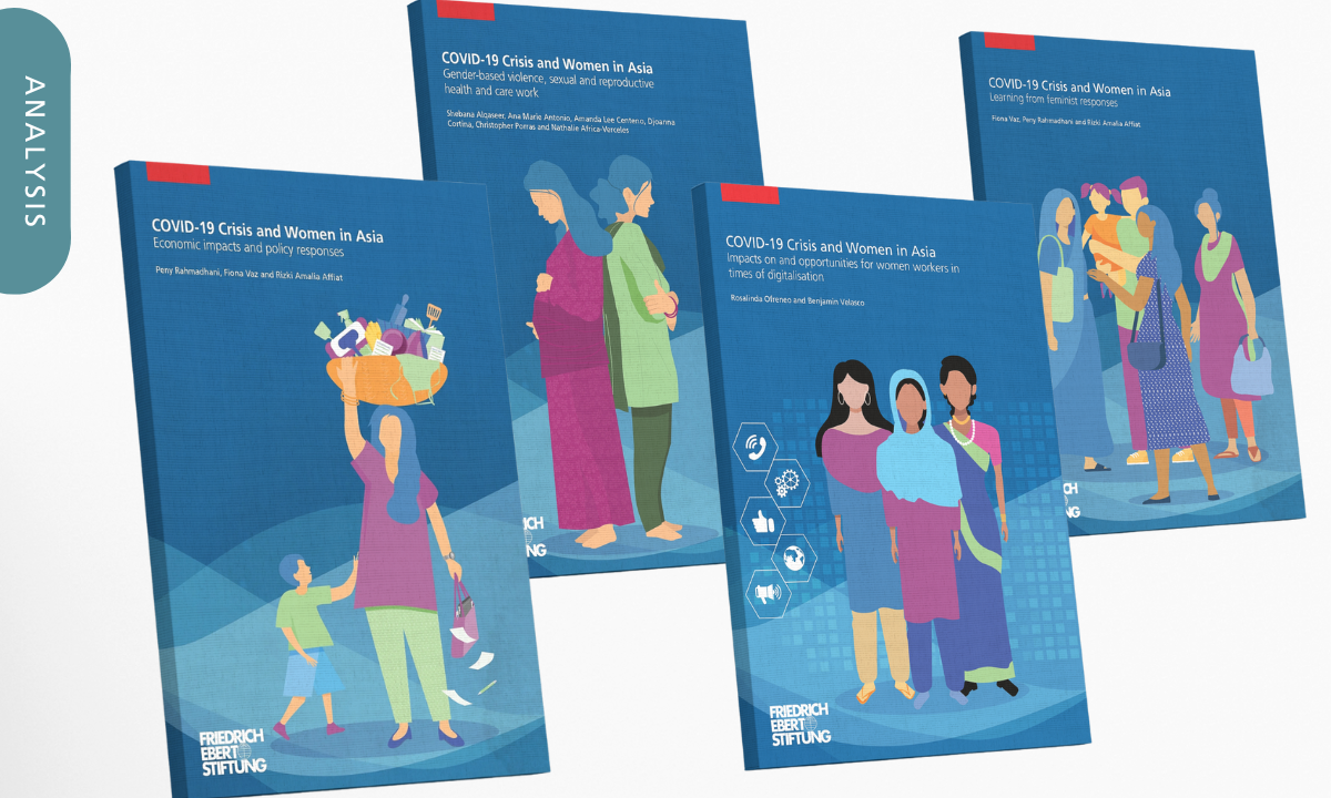 Covers of 4 publications in FES paper series: COVID-19 crisis and women in Asia