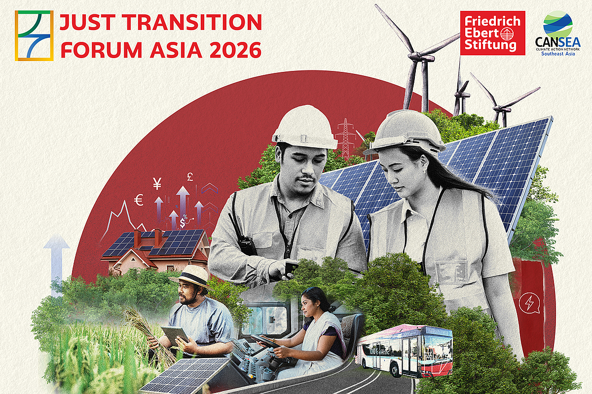 Banner for the Just Transition Forum Asia 2026, featuring engineers, solar panels, wind turbines, a farmer, an electric bus, and other symbols of green jobs and an inclusive clean energy transition.