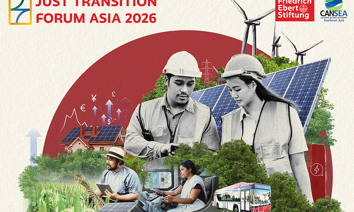 Banner for the Just Transition Forum Asia 2026, featuring engineers, solar panels, wind turbines, a farmer, an electric bus, and other symbols of green jobs and an inclusive clean energy transition.
