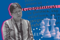 Cover image of article by Dr Yeo Lay Hwee showing a collage with a photo of her, chess pieces, flags of China, symbol of the EU and a dictionary article of geopolitics